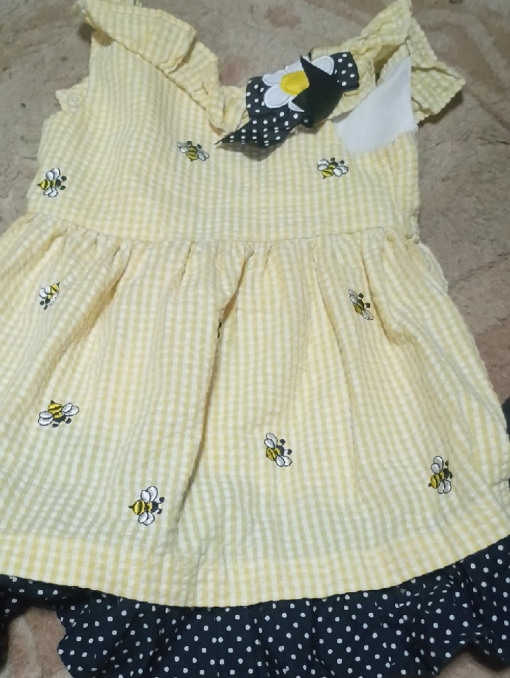 Yellow Gingham Bee Embroidered Sundress with Polka Dot Trim